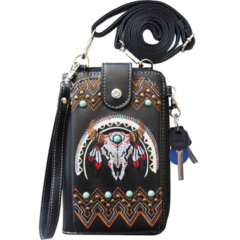 Multi Purpose Aztec Skull Embroidery Phone Wallet with Strap