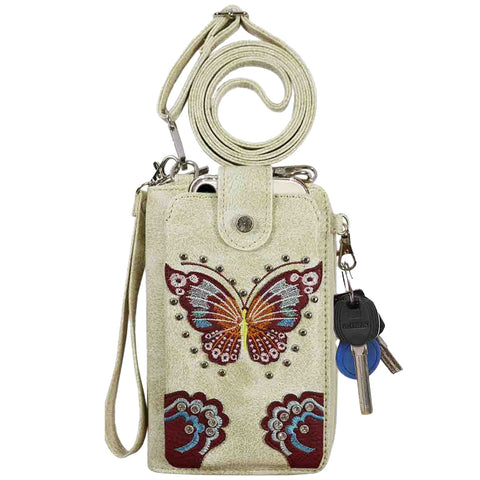Multi Purpose Butterfly Embroidery Phone Wallet with Strap