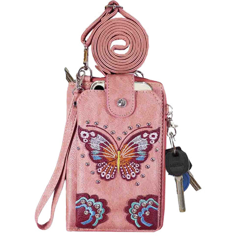 Multi Purpose Butterfly Embroidery Phone Wallet with Strap