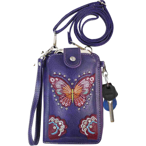 Multi Purpose Butterfly Embroidery Phone Wallet with Strap