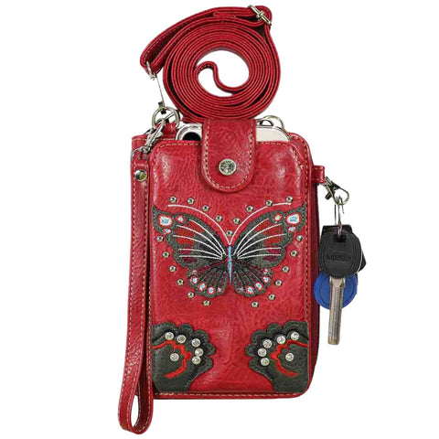 Multi Purpose Butterfly Embroidery Phone Wallet with Strap