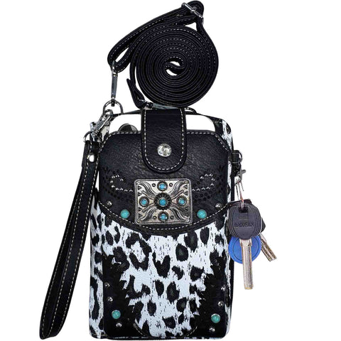 Multi Purpose Western Concho Leopard Print Phone Wallet with Strap
