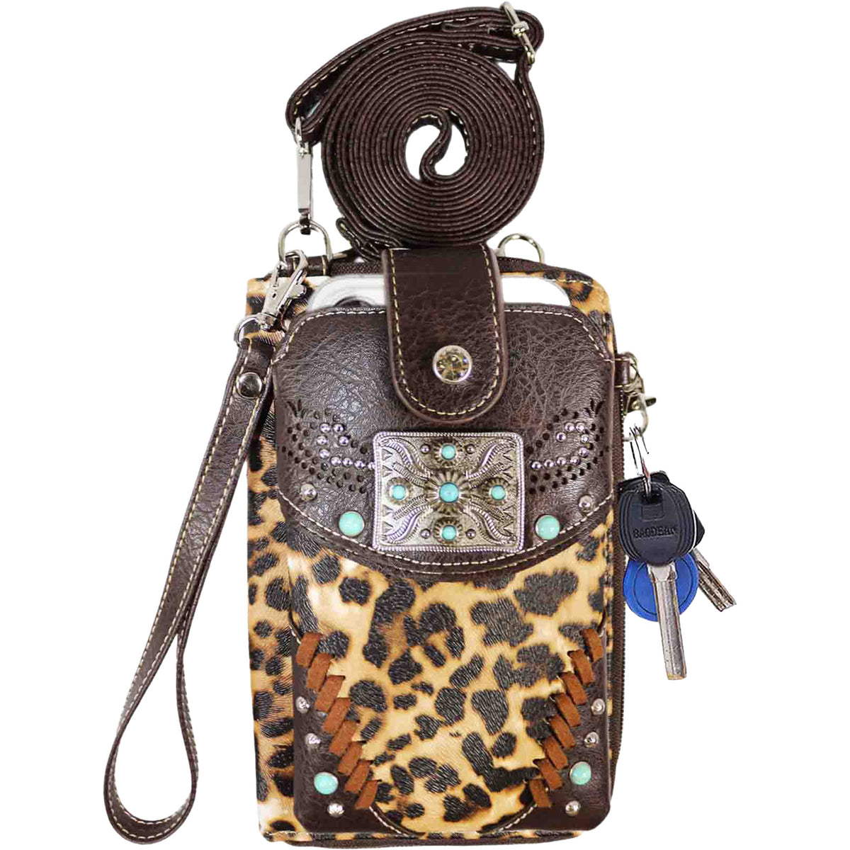 Multi Purpose Western Concho Leopard Print Phone Wallet with Strap