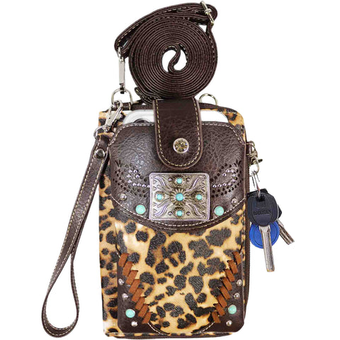 Multi Purpose Western Concho Leopard Print Phone Wallet with Strap