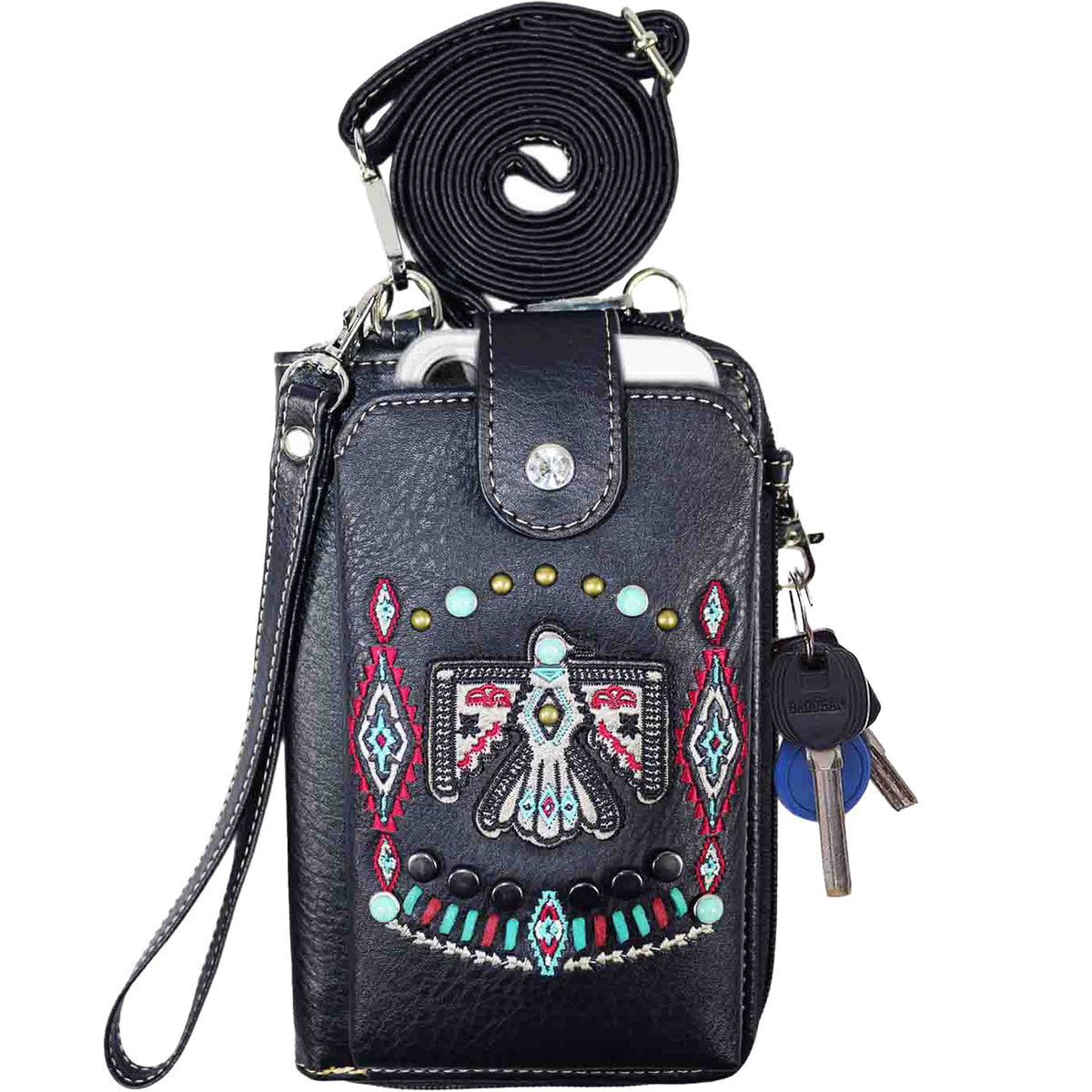 Multi Purpose Aztec Thunderbird Embroidery Phone Wallet with Strap