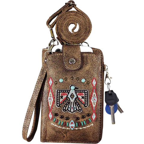 Multi Purpose Aztec Thunderbird Embroidery Phone Wallet with Strap