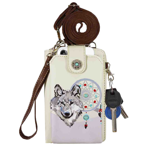 Multi Functional Wolf Embroidery Turquoise Stone Phone Case & Wallet with Strap