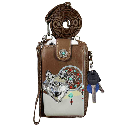Multi Functional Wolf Embroidery Turquoise Stone Phone Case & Wallet with Strap