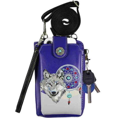 Multi Functional Wolf Embroidery Turquoise Stone Phone Case & Wallet with Strap