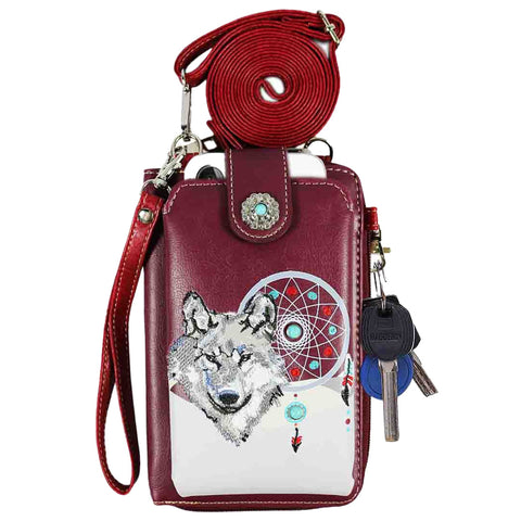 Multi Functional Wolf Embroidery Turquoise Stone Phone Case & Wallet with Strap