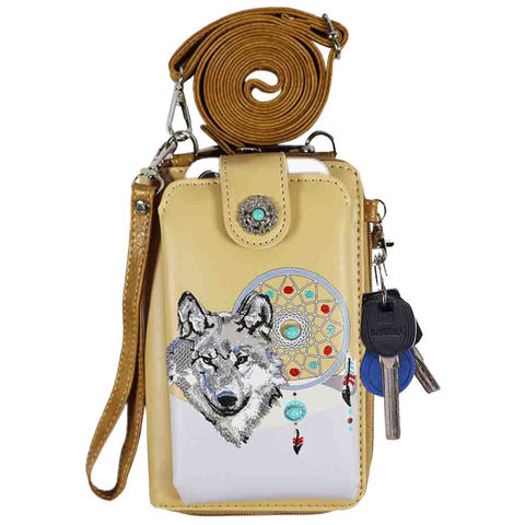 Multi Functional Wolf Embroidery Turquoise Stone Phone Case & Wallet with Strap