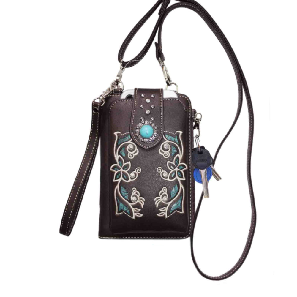 Multi Purpose Western Concho Embroidery Phone Wallet with Strap