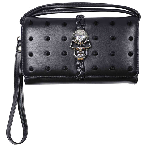 Metal Skull Spike Studded Trifold Clutch Crossbody Wallet