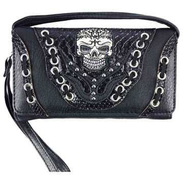 Skull Grommet Lace Trifold Clutch Crossbody Wallet