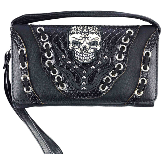 Skull Grommet Lace Trifold Clutch Crossbody Wallet