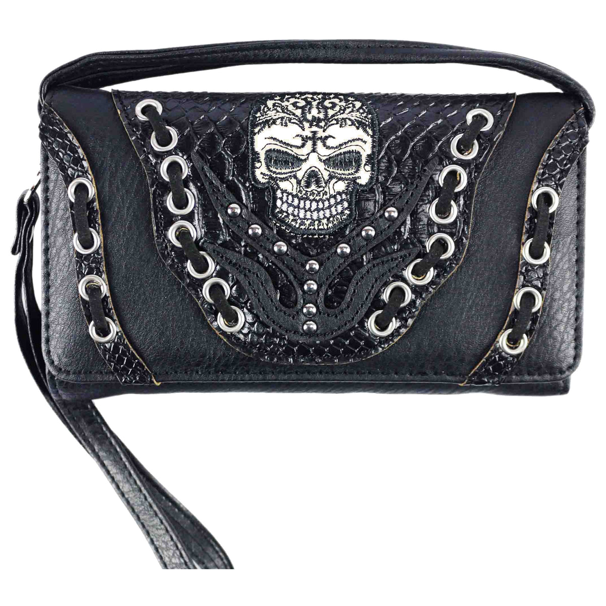 Skull Grommet Lace Trifold Clutch Crossbody Wallet