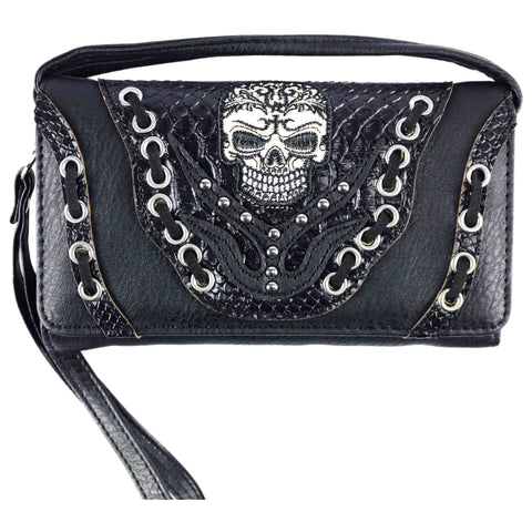 Skull Grommet Lace Trifold Clutch Crossbody Wallet