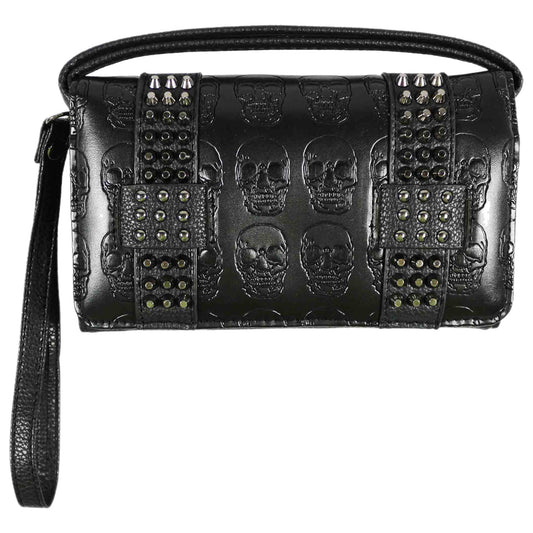 Skull Embossed Studded Trifold Clutch Crossbody Wallet