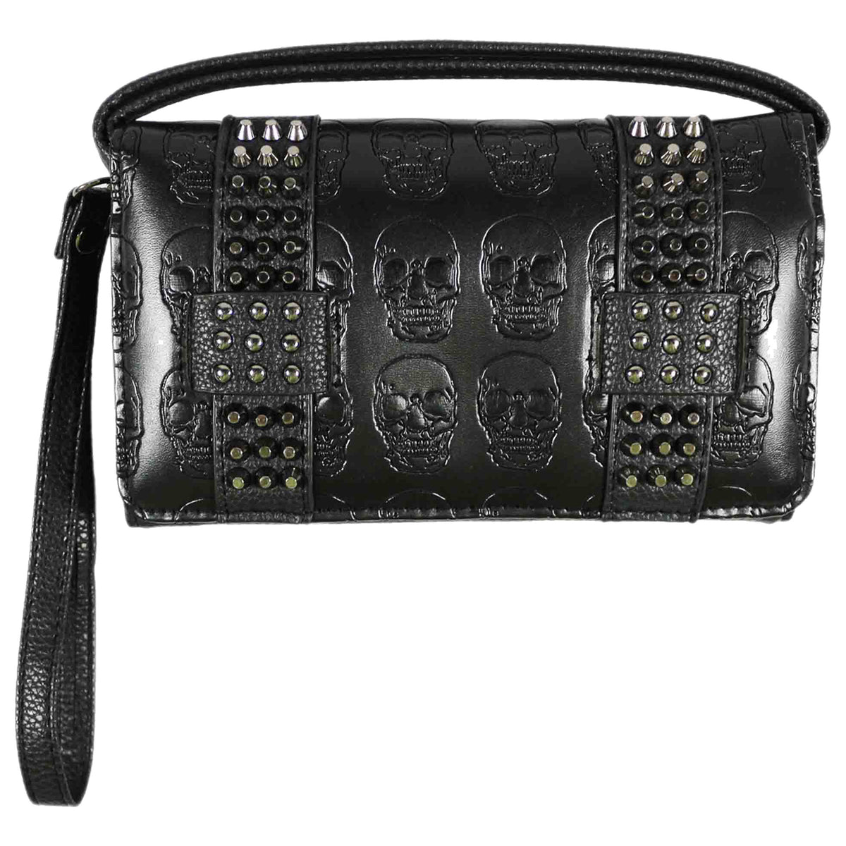 Skull Embossed Studded Trifold Clutch Crossbody Wallet