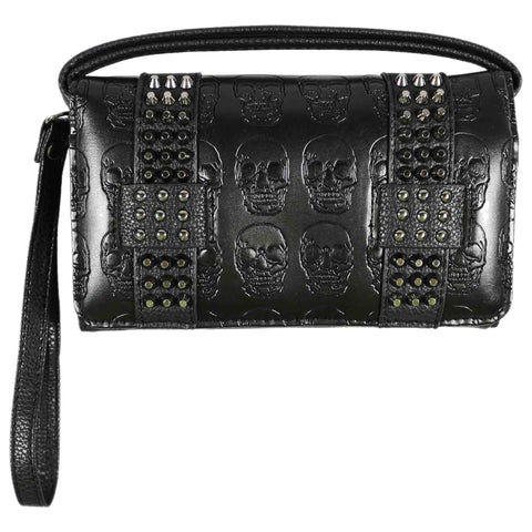 Skull Embossed Studded Trifold Clutch Crossbody Wallet