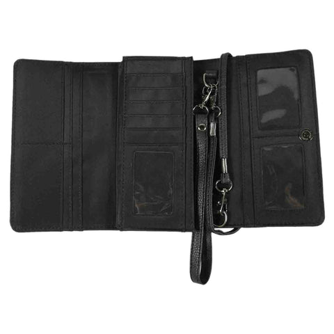 Skull Embossed Studded Trifold Clutch Crossbody Wallet