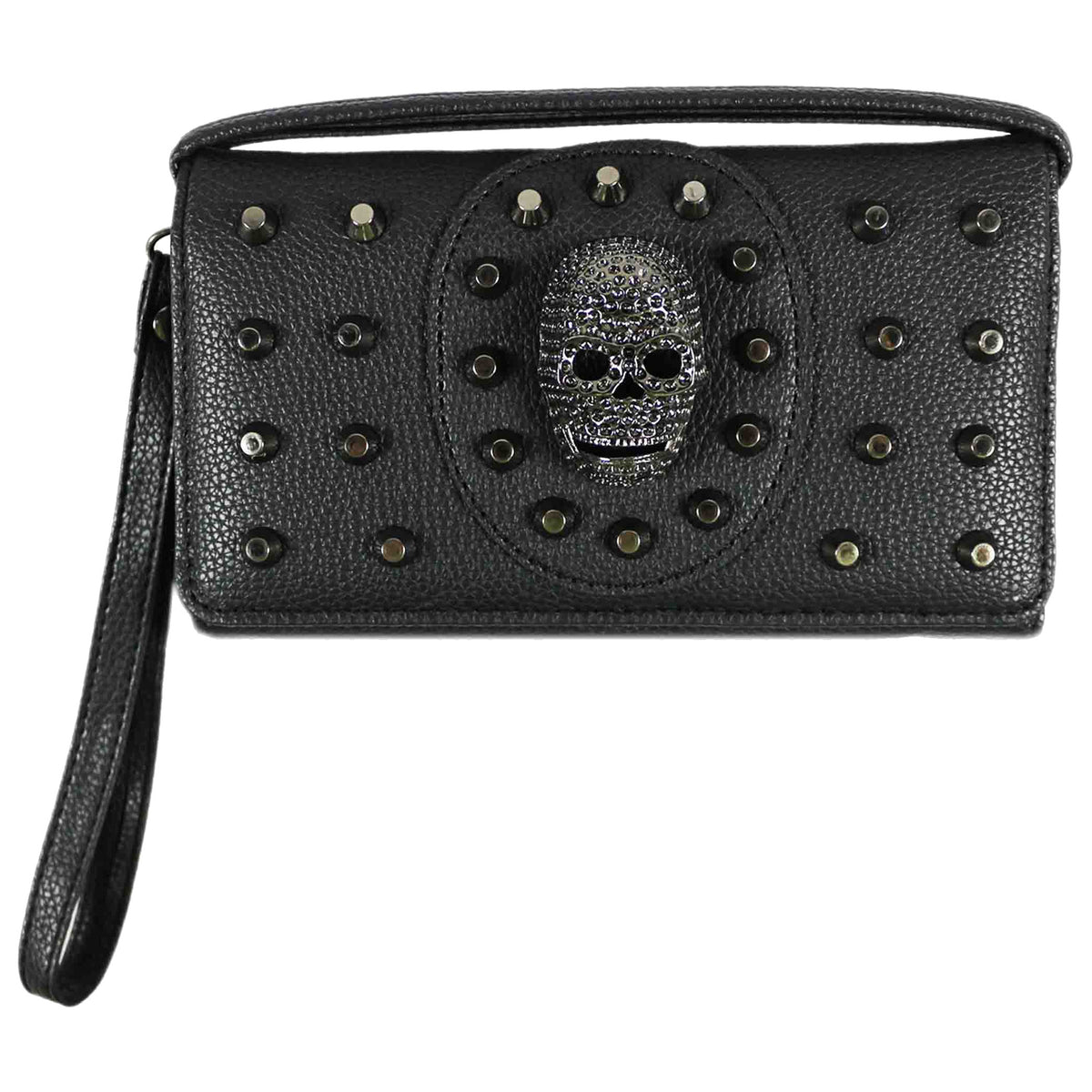 Rhinestoned Skull Studded Trifold Clutch Crossbody Wallet