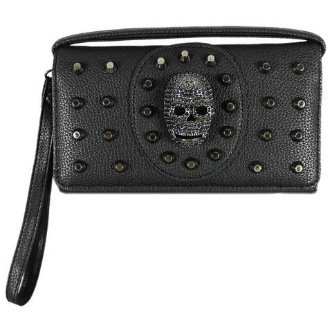 Rhinestoned Skull Studded Trifold Clutch Crossbody Wallet