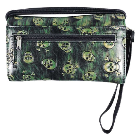 Rhinestoned Skull Crossbones Zipper Trifold Clutch Crossbody Wallet