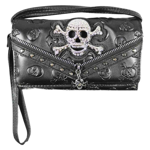 Rhinestoned Skull Crossbones Zipper Trifold Clutch Crossbody Wallet