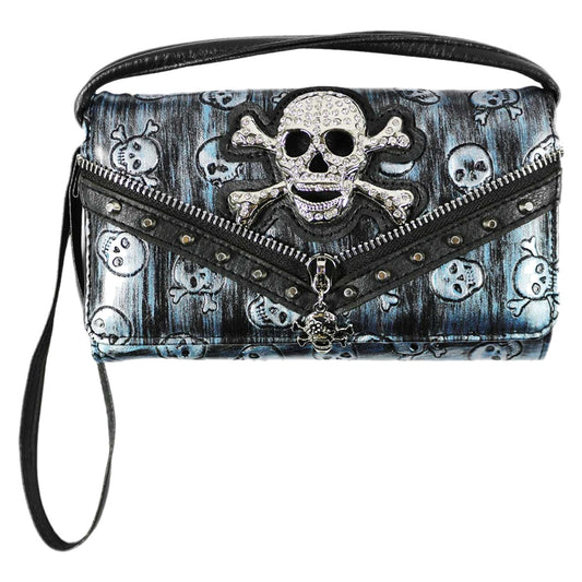 Rhinestoned Skull Crossbones Zipper Trifold Clutch Crossbody Wallet