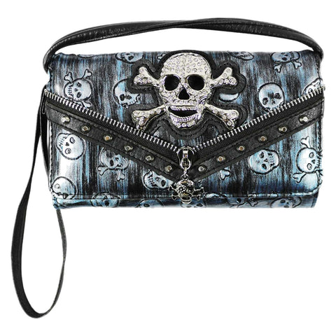 Rhinestoned Skull Crossbones Zipper Trifold Clutch Crossbody Wallet