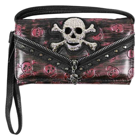 Rhinestoned Skull Crossbones Zipper Trifold Clutch Crossbody Wallet