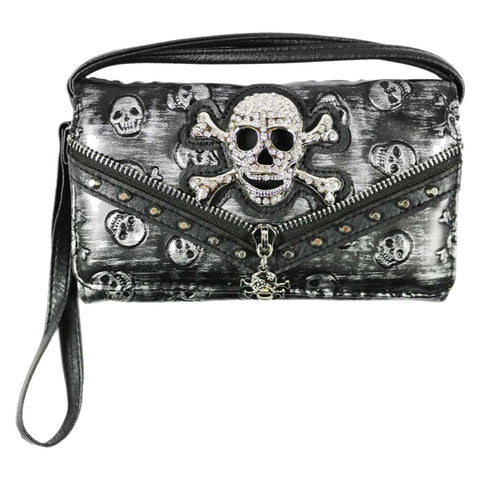 Rhinestoned Skull Crossbones Zipper Trifold Clutch Crossbody Wallet