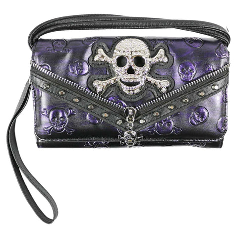 Rhinestoned Skull Crossbones Zipper Trifold Clutch Crossbody Wallet