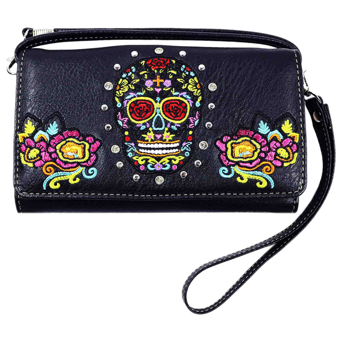 Rhinestoned Sugar Skull Rose Embroidery Trifold Clutch Crossbody Wallet