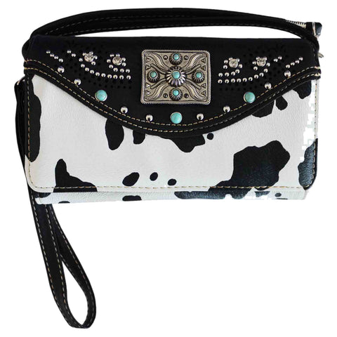 Cow Print Western Concho Trifold Clutch Crossbody Wallet