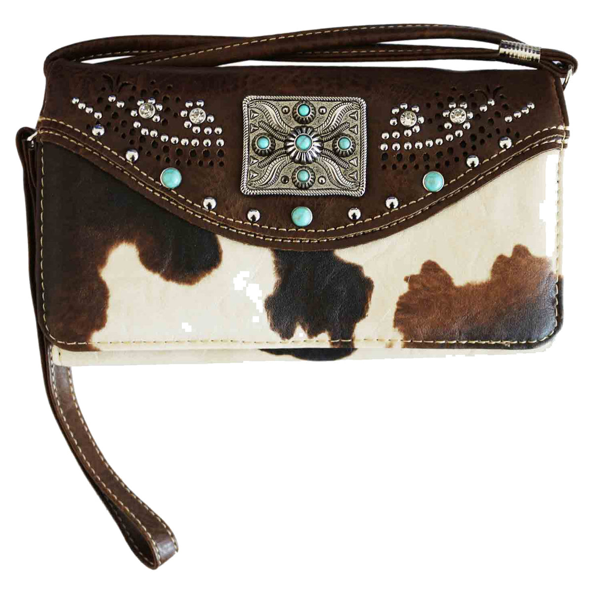 Cow Print Western Concho Trifold Clutch Crossbody Wallet