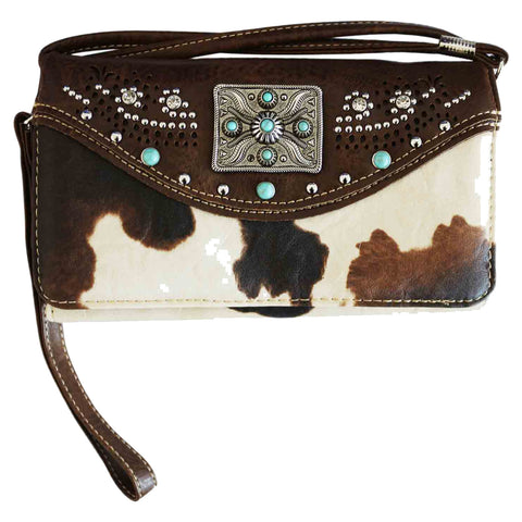 Cow Print Western Concho Trifold Clutch Crossbody Wallet