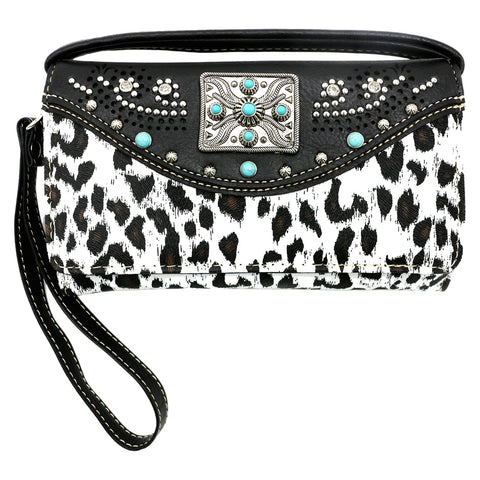 Leopard Print Turquoise Concho Trifold Clutch Crossbody Wallet