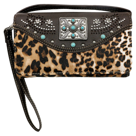 Leopard Print Turquoise Concho Trifold Clutch Crossbody Wallet