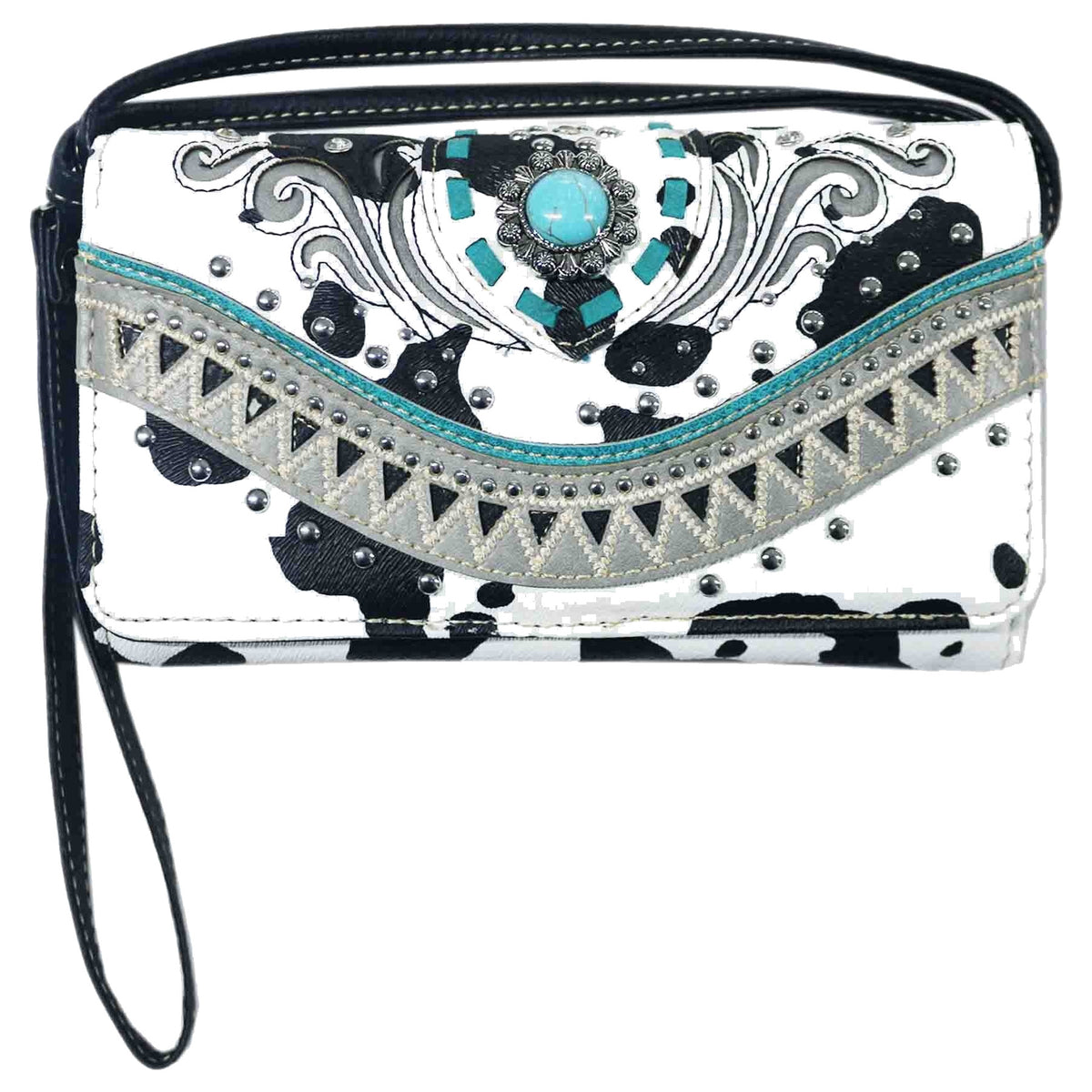 Cow Print Turquoise Concho Trifold Clutch Crossbody Wallet