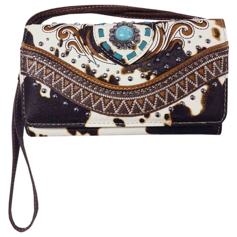 Cow Print Turquoise Concho Trifold Clutch Crossbody Wallet