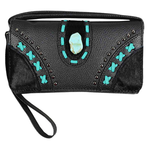 Turquoise Stone Studded Trifold Clutch Crossbody Wallet