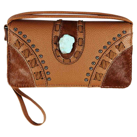 Turquoise Stone Studded Trifold Clutch Crossbody Wallet