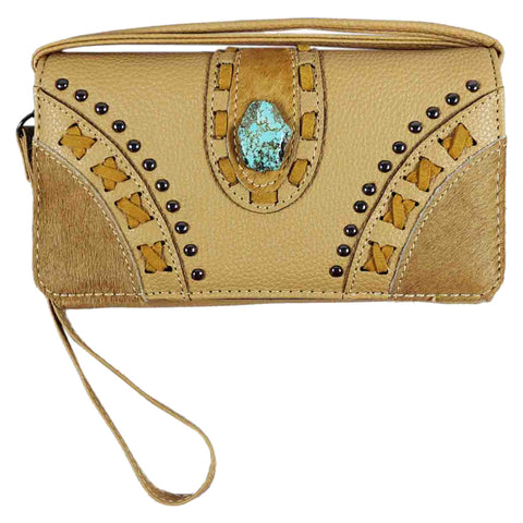 Turquoise Stone Studded Trifold Clutch Crossbody Wallet