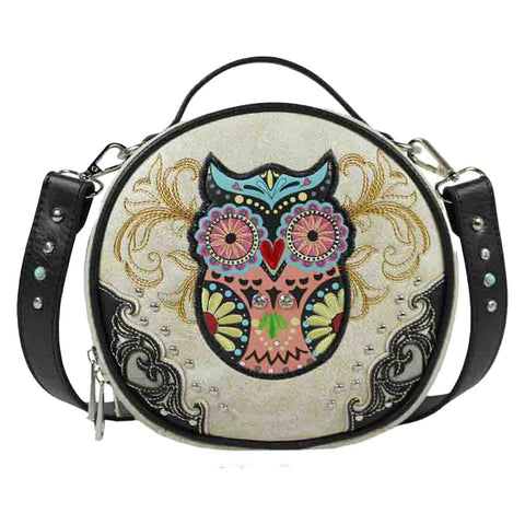 Embroidered Owl Round Crossbody Bag