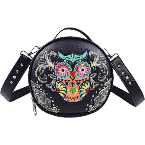 Embroidered Owl Round Crossbody Bag