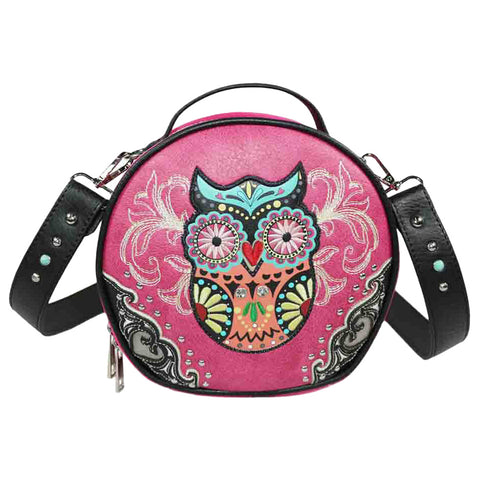 Embroidered Owl Round Crossbody Bag