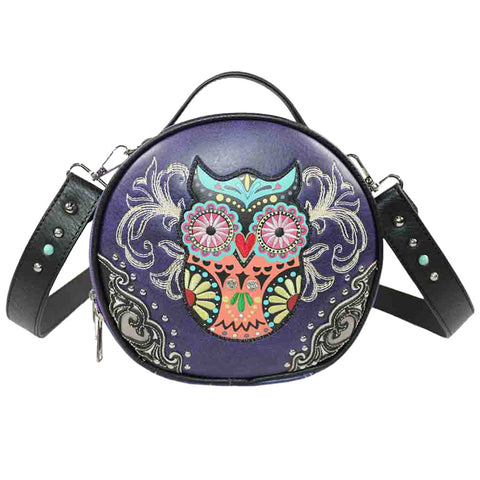 Embroidered Owl Round Crossbody Bag