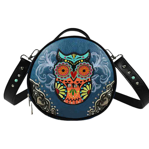 Embroidered Owl Round Crossbody Bag